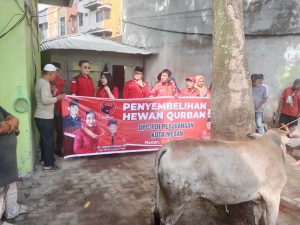Hasyim SE Ketua DPC PDI Perjuangan Kota Medan Menyerahkan Hewan Kurban di Masjid Amal Silahturahim di kecamatan Medan Area, Minggu (08/06/2025)