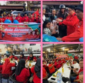 Teks Foto : Bobby Christian Halim ST. SH. MH. Cpm Ketua PAC PDI Perjuangan Medan Area didampingi Sekretaris Alian Napiah Siregar. serta pengurus lainnya Lisa, Dian dan Endaryanto tampak hadir juga beberapa pengurus Ranting. Rabu (11/03/2026) di sela-sela acara pembagian Takjil dan nasi sebanyak 400 kotak dan Bukber. Di jalan Sutrisno tepatnya di MM Kupie. (Foto : ist) 